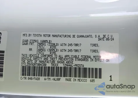 2024 Toyota Tacoma Sr из США, поврежденный, VIN 3TYLD5KN2RT004380